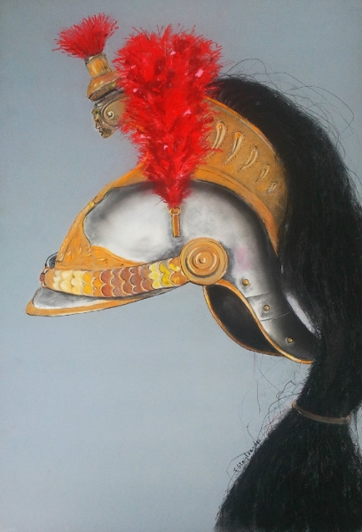 ”Casque Garde Républicaine” pastel (70x50cm), oeuvre de Frédéric STEINLAENDER, peintre, pastelliste, Lauréat du Palmarès, 