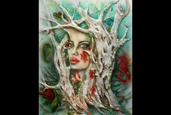 “Néréïde”,oeuvre de Brigitte Bresson,  peinture 3D. 80x100cm techniques mixtes sur plaque aluminium “dibond” Galerie de l'artiste “Pays des Merveilles”