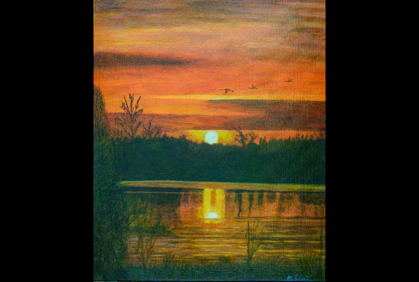 ''Coucher de Soleil sur le canal du Vigueirat à Arles'', huile sur toile coton 73 x 60 cm. Un style impressionniste modernisé qui crée une forte émotion par la puissance des couleurs et la beauté des reflets. Toile fascinante d'un talent de haut niveau.  