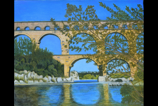 'Le Pont du Gard '' vue d'ensemble, huile sur toile de lin, 46x38cm. Myriam COLART, aime peindre les fondamentaux de l'existant esthétique, son style met à l'honneur ici ce pont robuste d'une beauté archétype, symbole d'un patrimoine pérenne.    