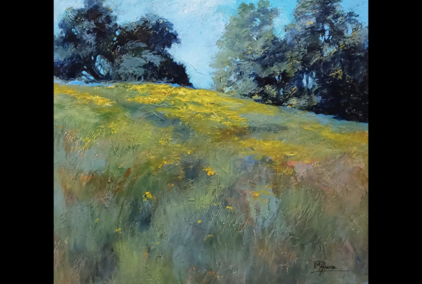 ''Les Grands Arbres'', acrylique sur toile, 80x80cm, Marie-Pierre MAURER, vit le paysage en ressentis intérieurs, sa peinture nous transporte au plus près de la Nature, elle nous en fait partager l'atmosphère subtile, évanescente, qu'elle arrive à saisir.