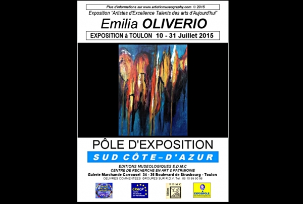 L'art abstrait d'Emilia OLIVERIO nous entraine dans un univers d'émotion et d'harmonies tonales, avec la vibration d'une architecture de formes hors du monde matériel. Le spectateur peut rejoindre avec son propre vécu, les ressentis de la peintre.