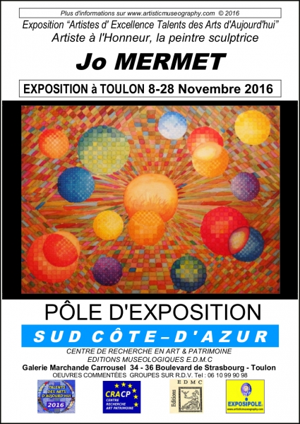 Jo MERMET vient redonner du sens aujourd'hui à l'abstraction lyrique. Son esthétique éloignée de MIRO déconditionne le jeu géométrique par le poétique, la création d'une sensation mosaïque. Son style frais, coloré, crée un climat ludique, récréatif. 