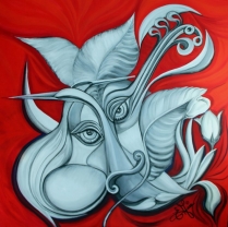 “Le Concert” fusains, acrylique, huile100x100cm, oeuvre d' Élisabeth AUER, peintre, créatrice du 